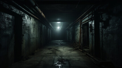 Fototapeta na wymiar Dimly lit passageway in abandoned Soviet