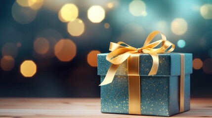 Blue gift box with golden ribbon on bokeh background Christmas and Happy New Year 2024 Ideas