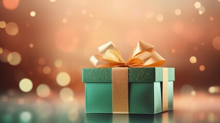 Blue gift box with golden ribbon on bokeh background Christmas and Happy New Year 2024 Ideas