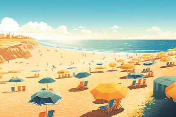 Beach with umbrellas and sun loungers. 3d rendering - obrazy, fototapety, plakaty
