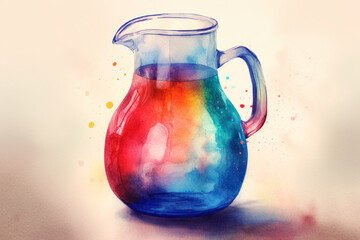 Colorful glass pitcher on a red background. Toned image. - obrazy, fototapety, plakaty