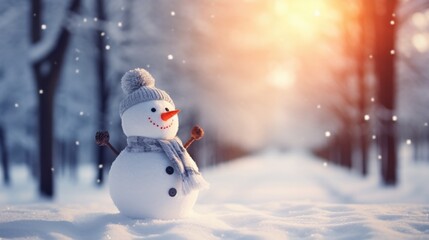 Fototapeta premium Snowman in winter forest. Christmas and New Year holidays background.