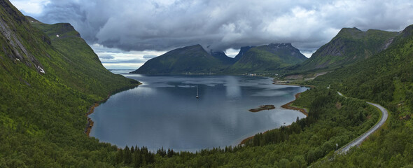 View from the viewpoint Bergsbotn on the Scenic Route Senja in Troms county, Norway, Europe
