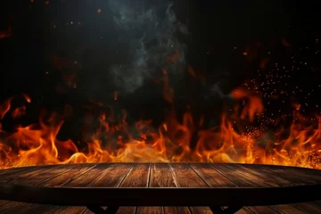  wooden table with Fire burning at the edge of the table, fire particles, sparks, and smoke in the air, with fire flames on a dark background to display products. generative ai. © SEUNGJIN