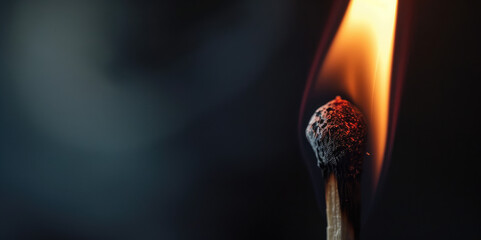 A close-up of a burning wooden match on black background. Match head with burning gray at the end,...