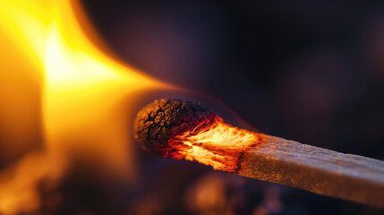 A close-up of a burning wooden match. Match head with burning gray at the end, flames, copy space. Creative banner of energy, fuel industry.