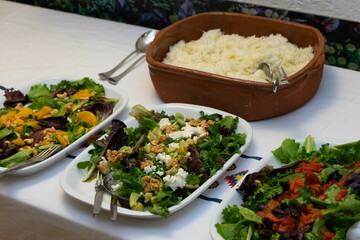Colorful buffet table featuring assorted salads and rice dishes.