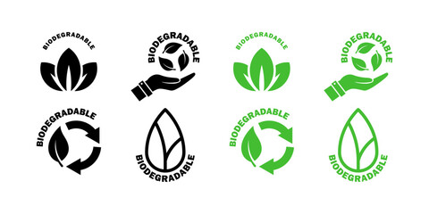 Biodegradable icons set. Ecological succession. Icons of reusable plastic bio packaging. Vector icons
