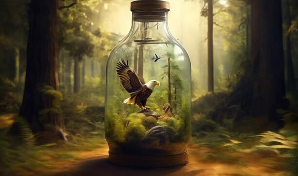 awesome forest in the huge glass jug,bugs inside, shade light, isolated in dessert, jug lifted by big eagle