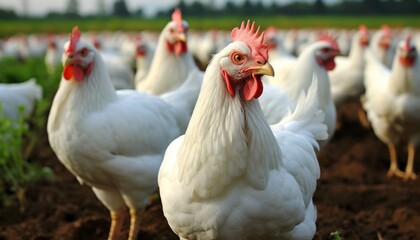 Fototapeta premium Majestic ecological chicken on a spacious domestic farm with chickens freely roaming at the factory