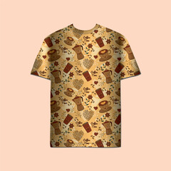 T-shirt and apparel trendy design with coffee seamless repeat patterns and vector illustrations
