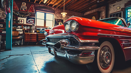 Classic car in a vintage garage - obrazy, fototapety, plakaty