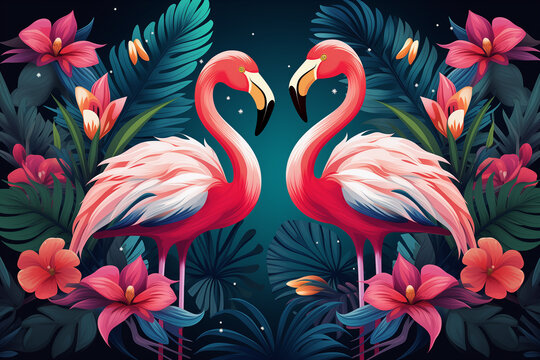 Tropical flowers, plants, leaves and flamingos. Vector illustration of exotic pattern, Hawaiian flowers for background, wallpaper or poster © Olivia