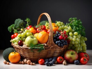 Assorted organic vegetables and fruits in wicker basket on the black background