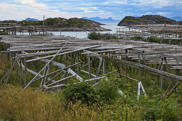 Fototapeta na wymiar Wooden construction for drying of fish in Henningsvaer on Lofoten in Nordland county, Norway, Europe 
