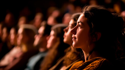Woman sitting among the audience in theater engrossed in performance, shallow focus.

