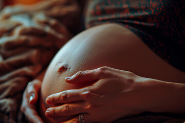 Pregnant woman feeling baby kick, intimate prenatal moment. - obrazy, fototapety, plakaty