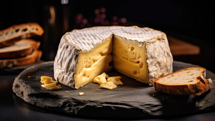 Artisanal Cheese Arrangement: Dark Background Highlights Wooden Platter