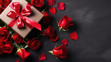 Celebratory Surprise: Black Gift Box with Red Ribbons and Roses from Above