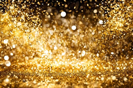 Happy birthday, anniversary, wedding, new year's eve, or Christmas celebration with an abstract gold glitter sparkling confetti gala background or golden texture party invitations