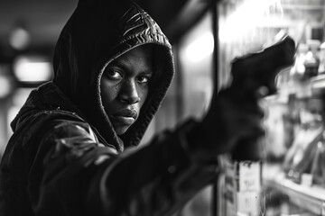 Obraz premium Crime, monochrome portrait African American sweaty young guy robber thief pointing with weapon standing in store and looking at camera