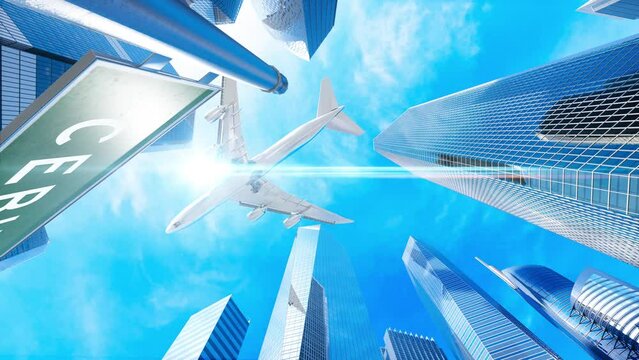 Cebu. Airplane Landing, Take Off City Skyscraper Road Sign