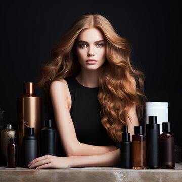 A beautiful model with healthy heair care product kit