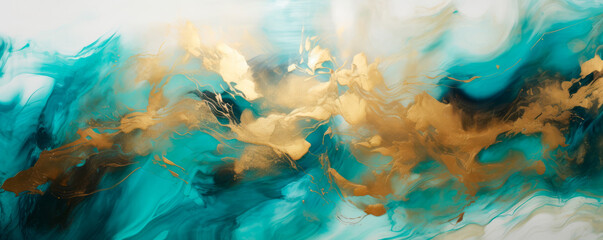 Liquid marble background in gold, green, blue, colors spread in acrylic paint and ink. Abstract...