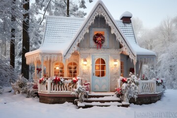 Festive winter cottage adorned with charming christmas decorations in a cozy snowy ambiance