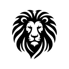 vector illustration of a black color silhouette lion face facing forward, a scary and dashing face, white background EPS file