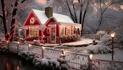 Naklejka premium Enchanting winter wonderland cozy christmas cottage with festive decorations and snowy surroundings