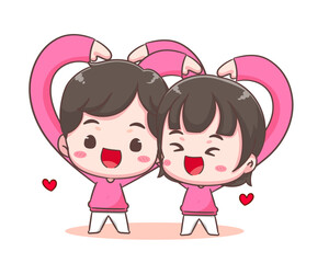 Cute lover couple show heart hand gesture. Boy and girl demonstrate love sign share affection and care. Valentines day and relationships concept design. Chibi cartoon style vector illustration