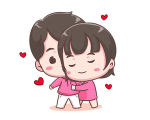 Cute lover couple hugging. Boy and girl embrace share intimate close tender moment together. Valentines day and relationships concept design. Chibi cartoon style vector illustration