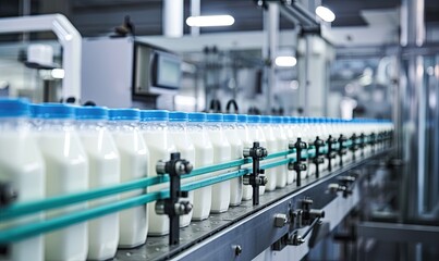 Conveyor Belt Filled With Rows of Glass Bottles Filled With Milk