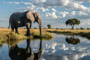 Fototapeta premium Picture of a large elephant standing near a river.
