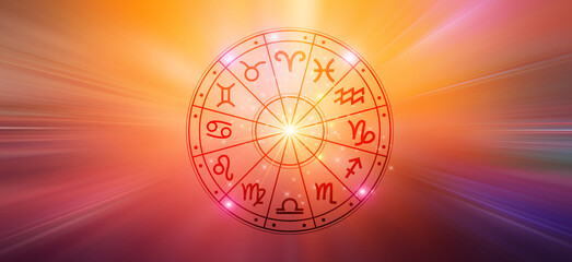 Zodiac signs inside of horoscope circle. Astrology in the sky with many stars and moons  astrology and horoscopes concept