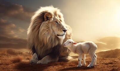 A Majestic Lion and Gentle Lamb Sharing a Peaceful Moment in the Vast Desert