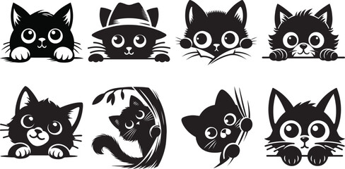 Funny Black Cat Peeking Silhouette, Spy Cat Pet From Corner, Kitty Peeking Silhouette