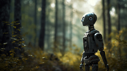 A robot walking alone in the woods