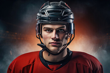 dramatic portrait of caucasian male hockey player in helmet and sportive uniform.
