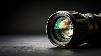 Cropped Close-up of Lens Reflections on a black background with copy space. Mirror optics for professional photo and video shooting, SLR camera. - obrazy, fototapety, plakaty