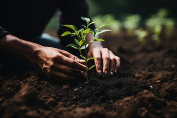 Enthusiastic gardener planting tree, actively gardening, and carefully watering plants for vitality.