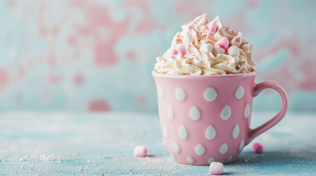 Cute ceramic pink mug with hot cocoa, airy marshmallows in whipped cream on a table with copy space. Pastel colors, sweet hot drink, coffee shop banner.