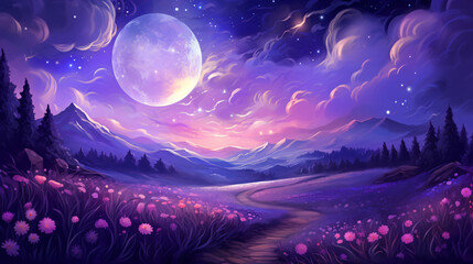 Obraz na płótnie Canvas Fantasy lavender field under a dark sky with bright