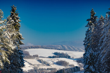 Stacja narciarska Master-Ski w Tyliczu zimą. Krajobraz zimowy.