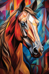 a colorful horse on a colorful background, in the style of cubist faceting