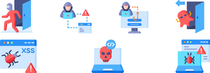 Hacker set with personal data protection, firewall, phishing, email with spams isolated vector illustration