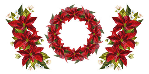 Set of wreath and compositions with flowers. For the design of New Year's cards and invitations. Red poinsettias. Christmas flowers. For background design, textiles, cards © XeniaDenisova