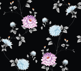  allover pink and blue vector flower Pattern on black background