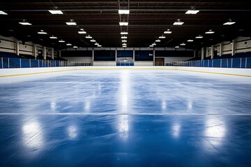 Gleaming ice, radiant arena immaculate hockey rink under bright white and intense blue spotlights